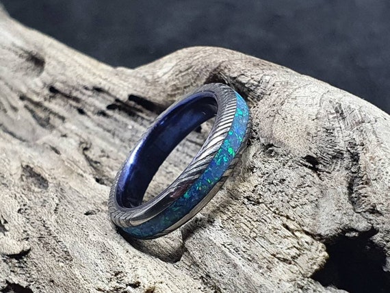 See Description Woodgrain Pattern Damascus Steel Stainless Steel Wedding  Ring Opal Inlay Glow Rings Ready to Go UK Size L 1/2 US 6 EU52 - Etsy