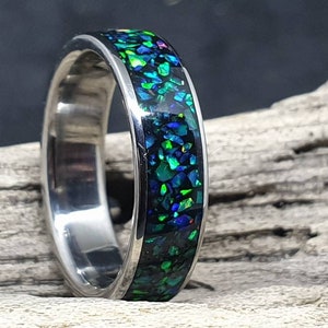 Titanium opal ring. Blue opal mix. titanium opal inlay wedding ring