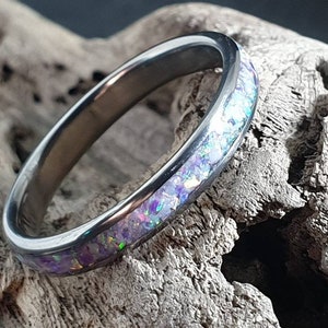 Titanium white and lilac opal glow ring wedding ring, opal inlay ring