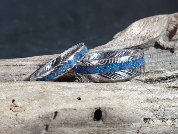 Damascus Steel Rings, 2 Piece Couple Set Damascus Steel Wedding