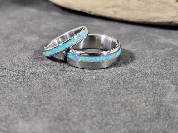 Titanium wedding rings with azure opal opal inlay wedding ring