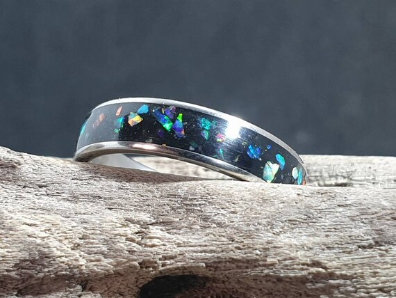 Titanium Deep Space Opal Ring Opal Inlay Ring Etsy