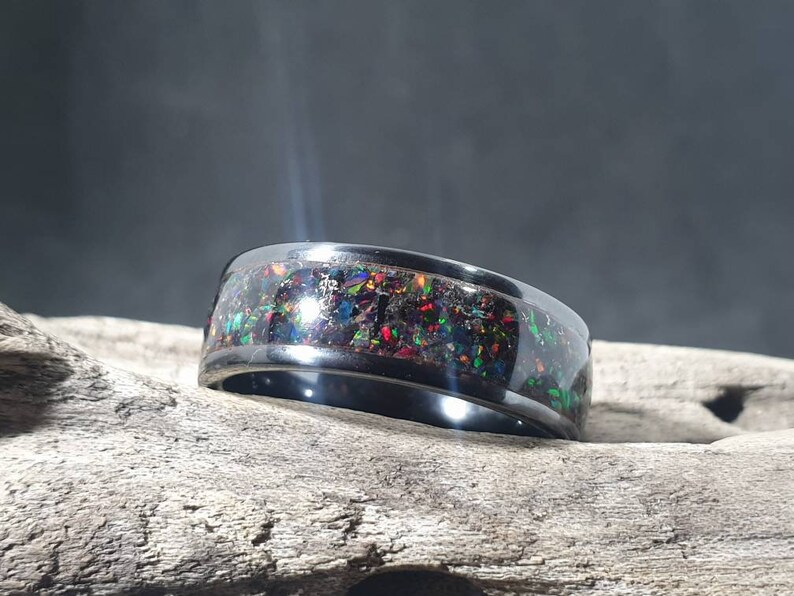 Ceramic Ring With Black Fire Opal and Meteorite Shavings Ceramic Inlay ...