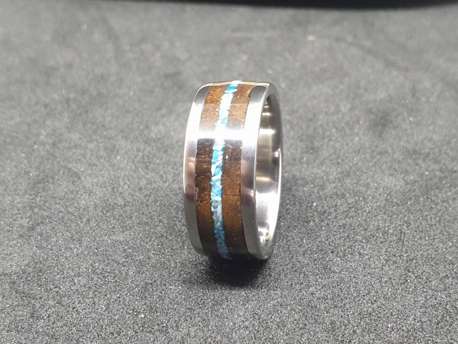 Titanium ring with walnut burl venner and turquoise inlay. | Etsy