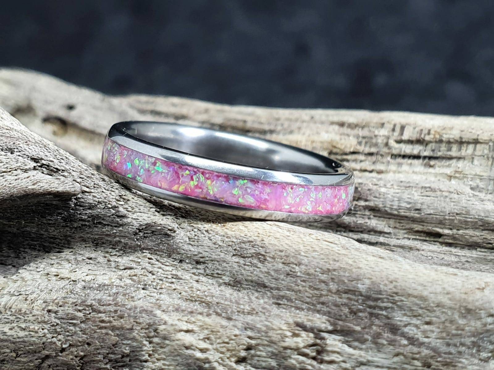 Hot Pink Opal Titanium Wedding Glow Ring. Titanium Opal Glow