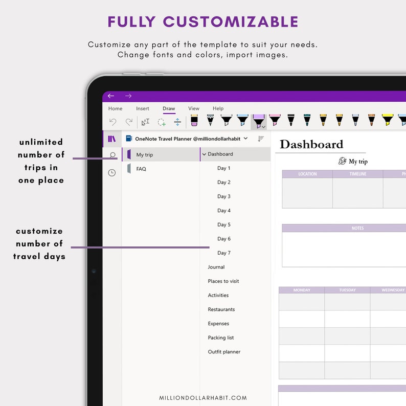 Onenote Travel Planner Template Daily Organizer Expense Tracker