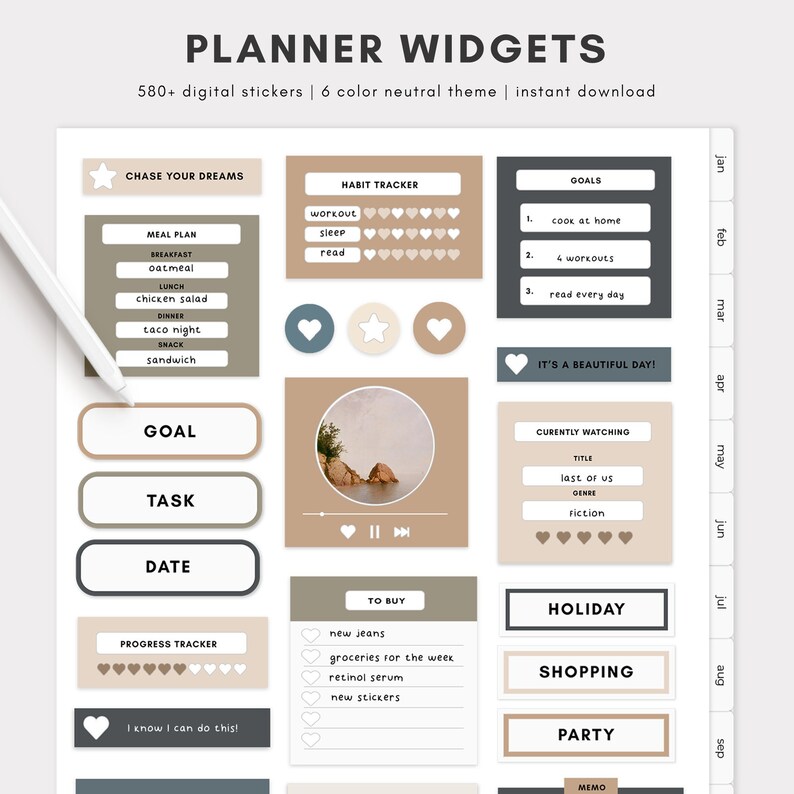 Goodnotes Digital Planner Widgets / Neutral Minimalist Digital Stickers