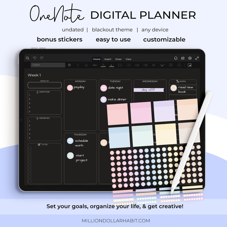 Blackout OneNote Digital Planner, Black Paper Undated OneNote Planner, OneNote Planner Template, Surface Pro Planner, Undated iPad Planner 