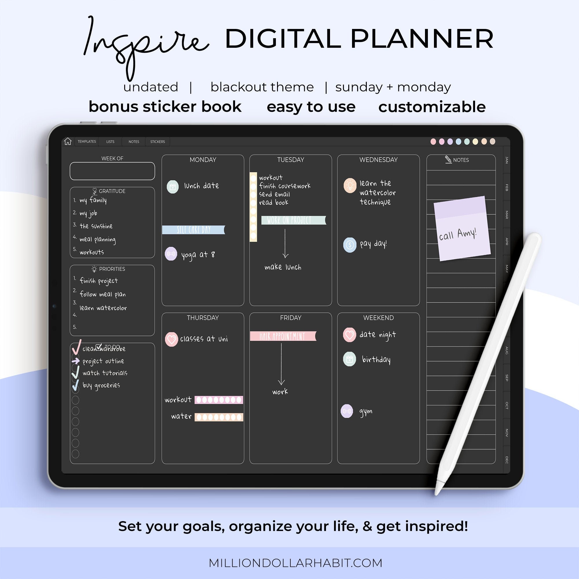 Dark Mode Digital Planner for Goodnotes Undated Blackout Etsy