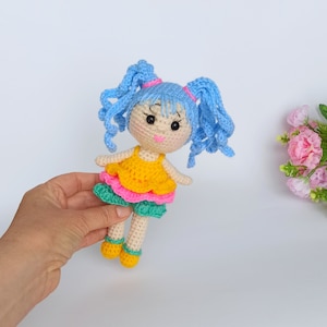Gift for a girl beautiful crochet doll, Gift idea Doll with Blue Hair amigurumi, Crochet doll with removable outfit