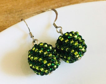 Green bon bon seed bead earrings, Olive green beaded ball earrings, Woven sphere earrings, Swirl bon bon earrings