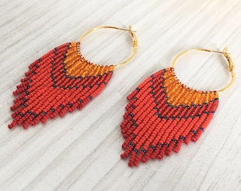 Hoop seed bead earrings in tribal style, Aesthetic long beaded earrings, Ethnic fringe bead earrings