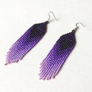 Purple seed bead earrings, Extra long lavender ombre earrings in tribal style, Gradient earrings image 2