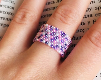 Bague peyotl lilas mosaïque, bagues tissées délicates personnalisées, bague large bande Miyuki Delica multicolore tendance, bague de cocktail élégante