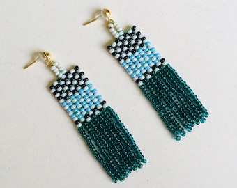 Emerald green plaid beaded earrings with fringe, Checkered geometric seed bead earrings, Halloween earrings