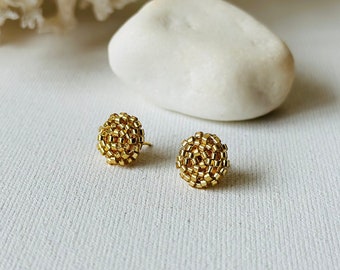 Gold beaded post earrings, Statement Miyuki seed bead earrings, Christmas beaded studs, Dainty stud earrings