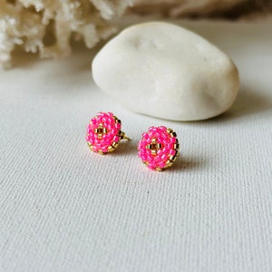 Pink gold beaded post earrings, Statement Miyuki seed bead earrings, Christmas beaded studs, Dainty stud earrings image 1