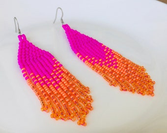 Fuschia seed bead earrings, Hot pink orange gradient handwoven earrings, Tribal ombre fringe bead earrings