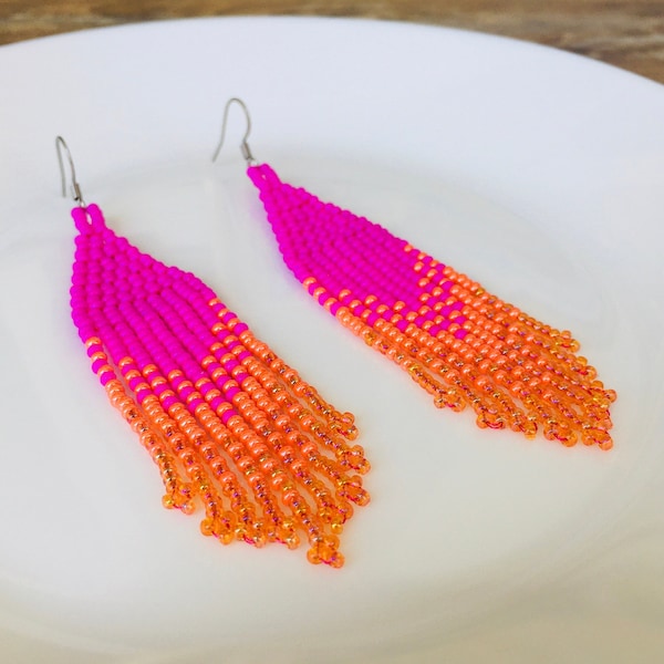 Fuschia seed bead earrings, Hot pink orange gradient handwoven earrings, Tribal ombre fringe bead earrings