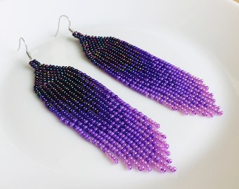 Purple seed bead earrings, Extra long lavender ombre earrings in tribal style, Gradient earrings