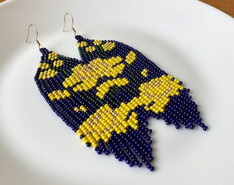 Ukraine folk floral seed bead earrings, Royal blue beaded earrings with yellow flowers, Ukrainian flag waterfall earrings