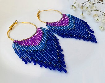 Royal blue hoop beaded earrings with fringe, Halloween waterfall seed bead earrings, Long Christmas earrings