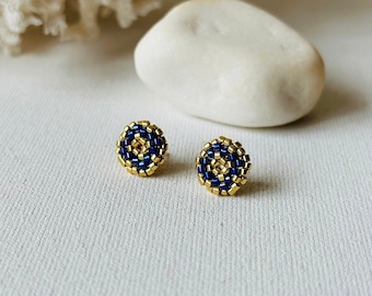 Blue gold beaded post earrings, Statement Miyuki seed bead earrings, Christmas beaded studs, Dainty stud earrings