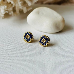 Blue gold beaded post earrings, Shiny small stud seed bead earrings, Round beaded studs, Sparkling boho chic earrings