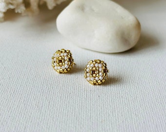 White gold beaded post earrings, Statement Miyuki seed bead earrings, Christmas beaded studs, Dainty stud earrings