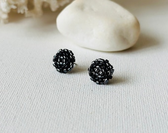 Black beaded post earrings, Statement Miyuki seed bead earrings, Halloween beaded studs, Dainty stud earrings