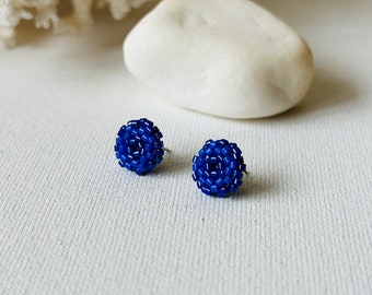 Blue beaded post earrings, Statement Miyuki seed bead earrings, Christmas beaded studs, Dainty stud earrings