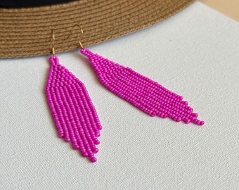 Fuschia beaded earrings with fringe, Neon pink tribal seed bead earrings, Hot pink summer earrings, Magenta earrings