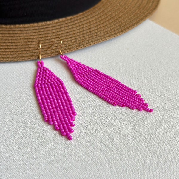 Fuschia beaded earrings with fringe, Neon pink tribal seed bead earrings, Hot pink summer earrings, Magenta earrings