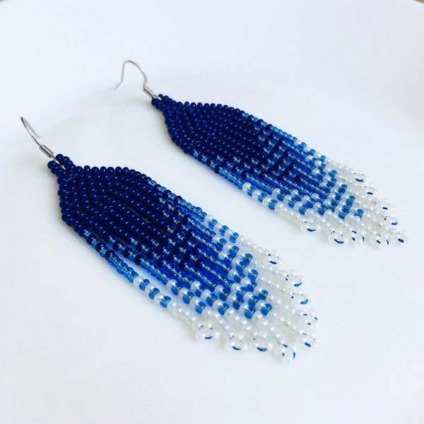 Navy blue ombre seed bead earrings, Handwoven gradient waterfall beaded earrings, Trendy evening earrings
