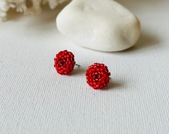 Red beaded post earrings, Statement Miyuki seed bead earrings, Christmas beaded studs, Dainty stud earrings