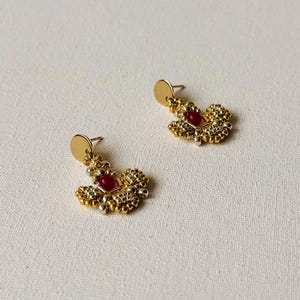 Gold silver beaded stud earrings, Luxury statement dangle earrings, Art deco Miyuki seed bead earrings
