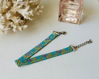 Turquoise Miyuki beaded bracelet, Ethnic floral bead loom woven bracelet, Delicate seed bead bracelet