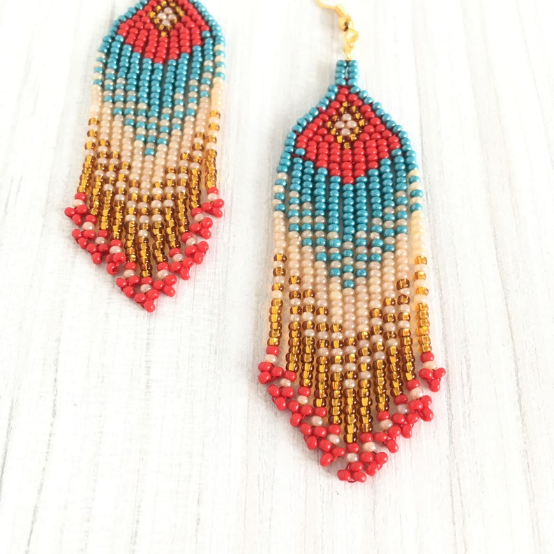 Extra Long Seed Bead Earrings Peacock Beadwork Earrings Red - Etsy