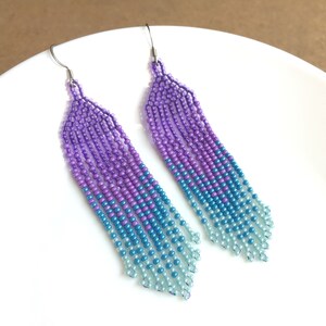Lavender sky blue ombre seed bead earrings, Waterfall fringe bead earrings, Beaded handwoven earrings, Trendy gradient earrings image 5