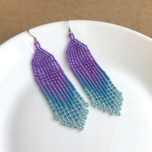 Lavender sky blue ombre seed bead earrings, Waterfall fringe bead earrings, Beaded handwoven earrings, Trendy gradient earrings image 6