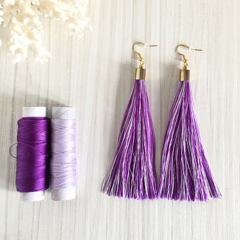 Evening tassle earrings Ombre fringe earrings Lilac macrame earrings Long purple tassel earrings