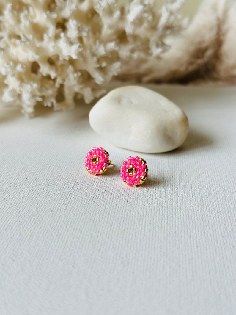 Pink gold beaded post earrings, Statement Miyuki seed bead earrings, Christmas beaded studs, Dainty stud earrings image 1