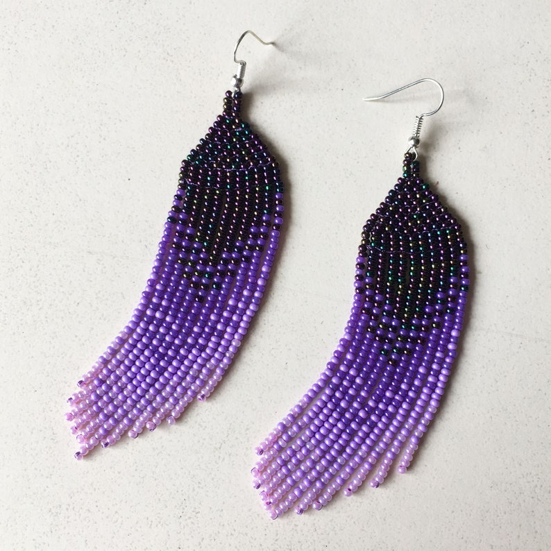 Purple seed bead earrings, Extra long lavender ombre earrings in tribal style, Gradient earrings image 7