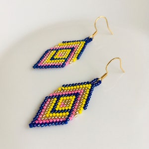 Miyuki beaded earrings in blue/yellow, Geometric brick stitch earrings, Rhombus seed bead earrings image 7