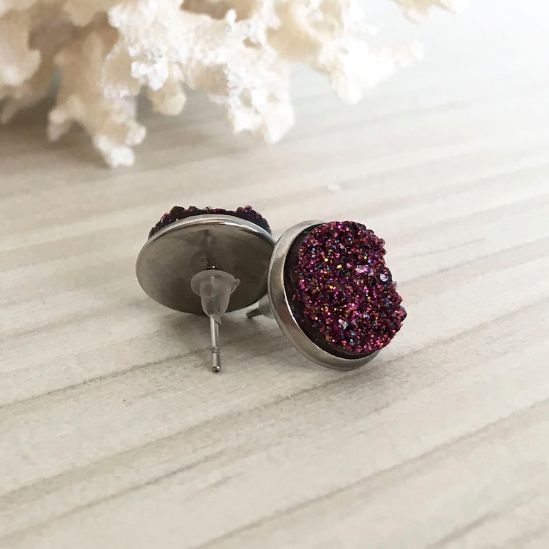 bridesmaid gift red stud earrings Burgundy druzy earrings