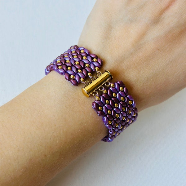 Superduo beaded bracelet with magnetic clasp, Lavender wide cuff bracelet, Statement miyuki bracelet