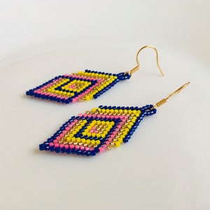 Miyuki beaded earrings in blue/yellow, Geometric brick stitch earrings, Rhombus seed bead earrings image 9