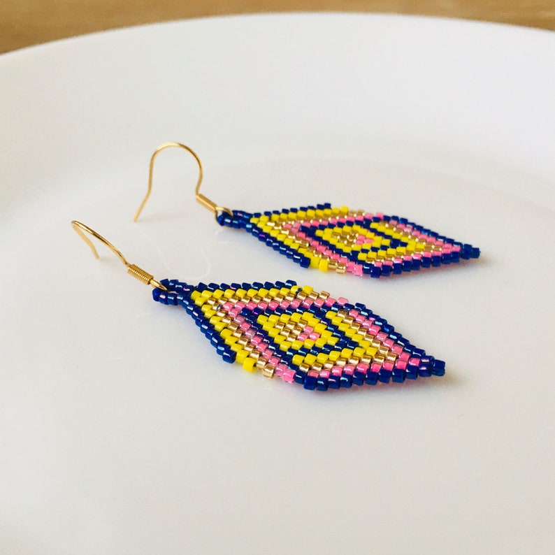 Miyuki beaded earrings in blue/yellow, Geometric brick stitch earrings, Rhombus seed bead earrings image 10