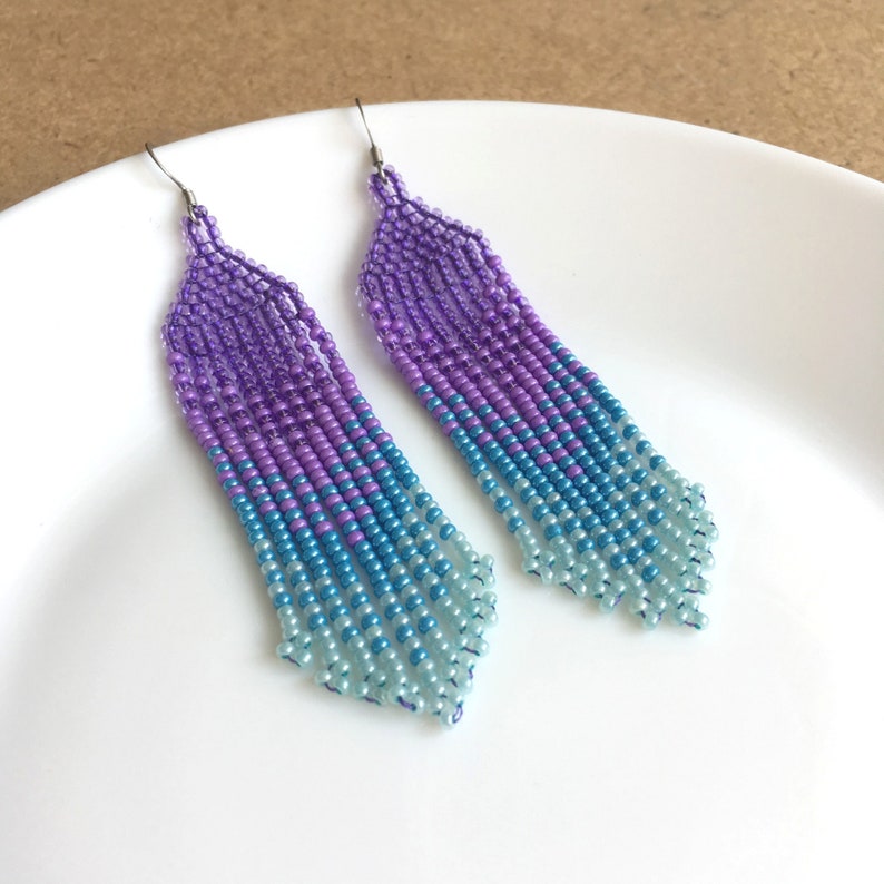 Lavender sky blue ombre seed bead earrings, Waterfall fringe bead earrings, Beaded handwoven earrings, Trendy gradient earrings image 4