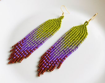 Olive green seed bead earrings in tribal style, Gradient pageant fringe bead earrings, Nature, forest earrings